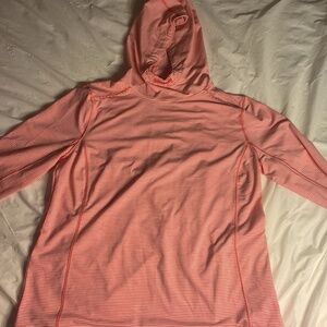 Women Duluth Trading Pier Genius Hooded Pullover Sz L Orange Striped Athletic